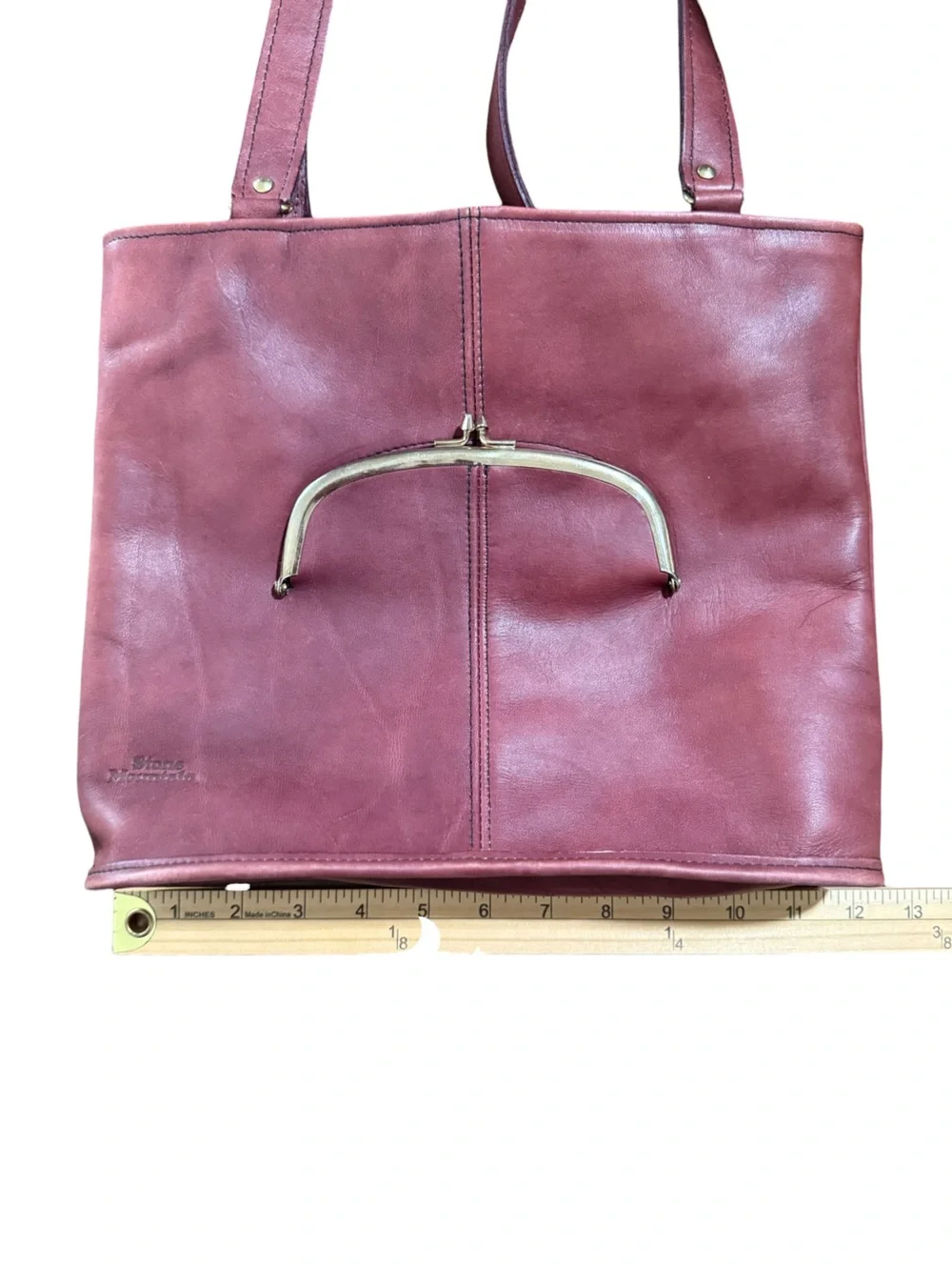Vintage Leather Tote Oxblood Shoulder Purse Gold Accent Kiss Lock Frame Bag - Picture 10 of 13